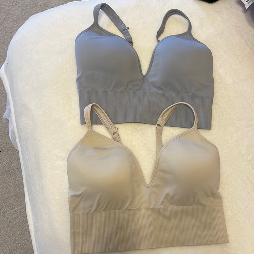Athleta bras. Set of two. Blue and tan. Lightly lined but structured
